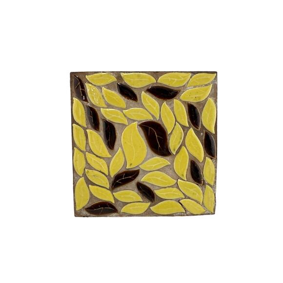 Vintage Mid-Century Yellow Brown Leaves Mosaic‎ Tile Trivet Hot Plate Pots Pans - Picture 1 of 4